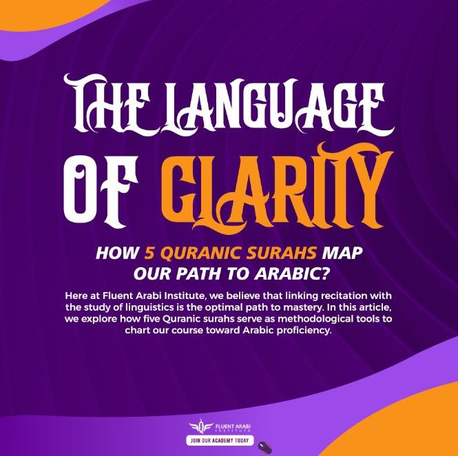 "Featured image for the article: Learning Arabic Through Quranic Surahs, titled 'The Language of Clarity' from Fluent Arabi Institute"