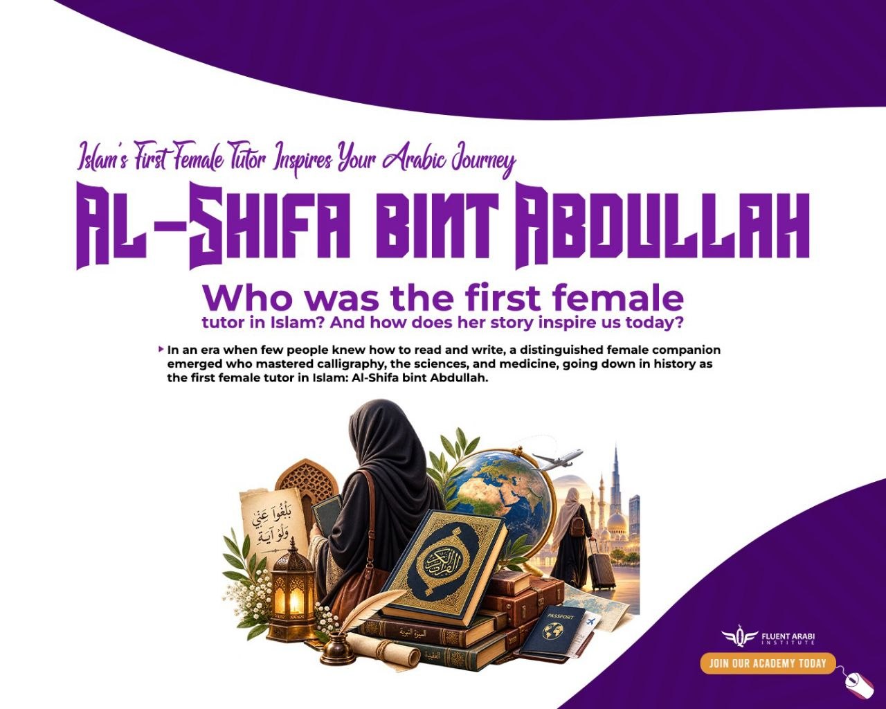 Banner featuring Al-Shifa bint Abdullah title text with Islamic books, Holy Quran, and a woman student embarking on an Arabic learning journey
